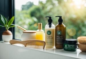 Bathroom counter with organic hair products, comb, and a small plant
