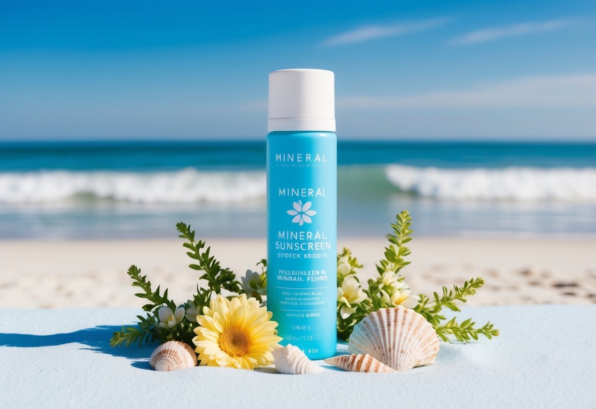 A serene beach setting with clear blue skies and gentle waves, featuring a bottle of mineral sunscreen surrounded by natural, clean beauty elements such as flowers, plants, and seashells