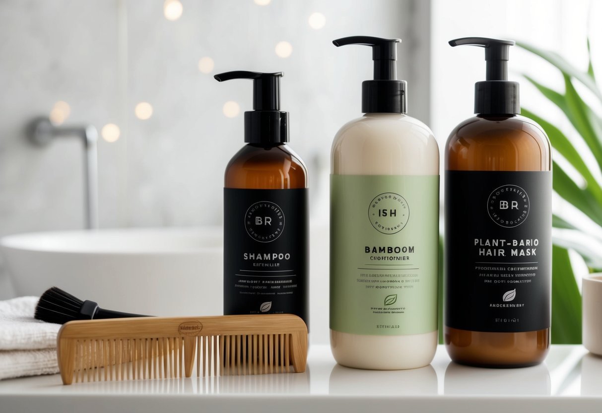 A bathroom shelf with reusable shampoo and conditioner bottles, a wooden hairbrush, a bamboo comb, and a plant-based hair mask