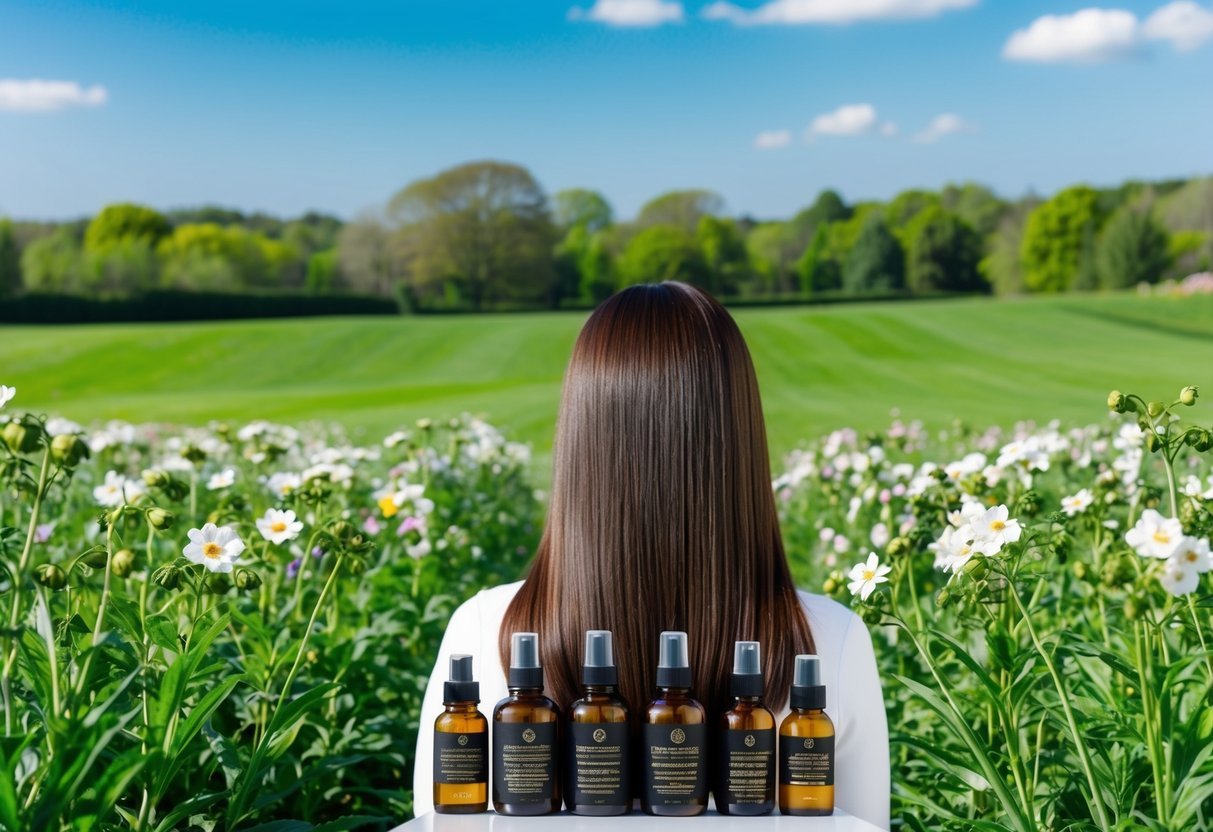 A lush green field with blooming flowers, a clear blue sky, and a gentle breeze. A woman's hair is shining and healthy, surrounded by bottles of organic hair oils