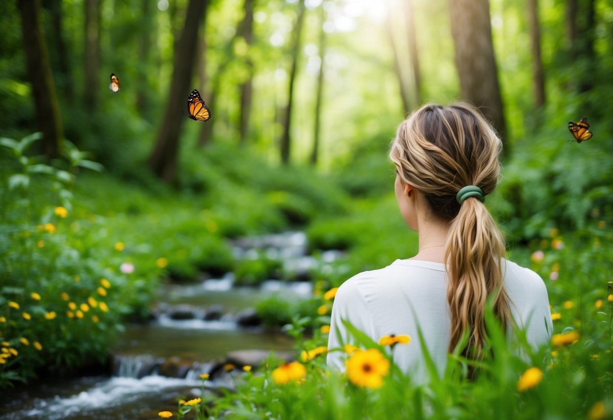 A lush green forest with a flowing stream, surrounded by wildflowers and butterflies. A woman's hair is tied up with a biodegradable hair tie, blending into the natural scene