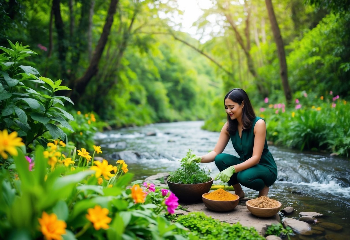 A lush green forest with a flowing river, surrounded by vibrant flowers and plants. A woman is collecting natural ingredients for eco-friendly haircare