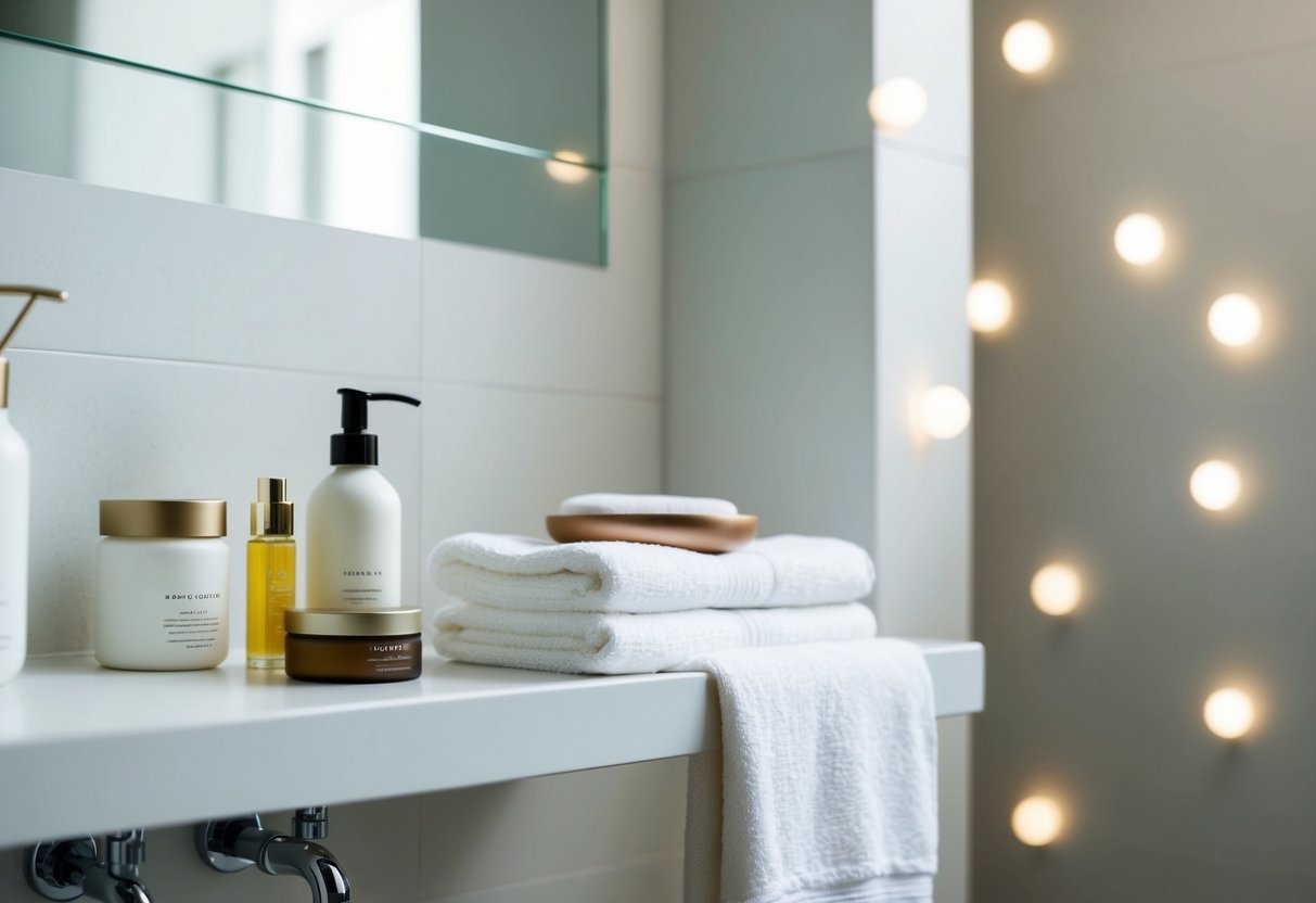 A serene, minimalist bathroom shelf with clean beauty products and a soft towel, surrounded by gentle natural light