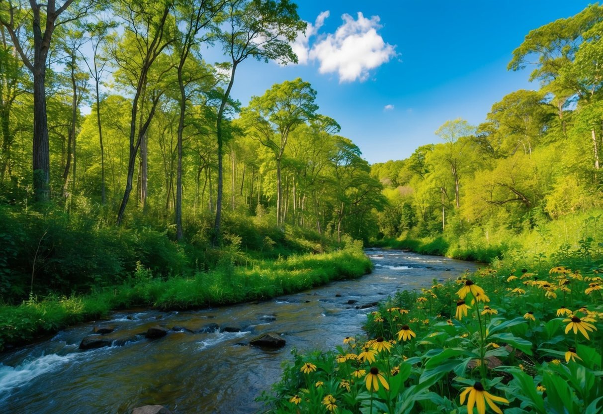 A lush green forest with a flowing river, surrounded by vibrant flowers and wildlife. A clear blue sky and a gentle breeze create a peaceful and serene atmosphere