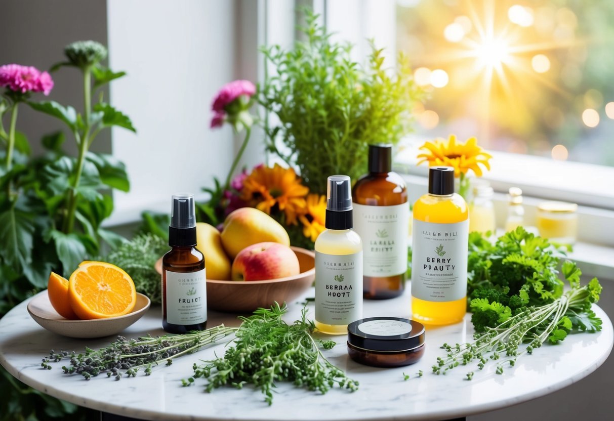 A table with various natural beauty products, surrounded by fresh herbs and flowers. A bowl of ripe fruits adds a pop of color. Sunshine streams in through a nearby window