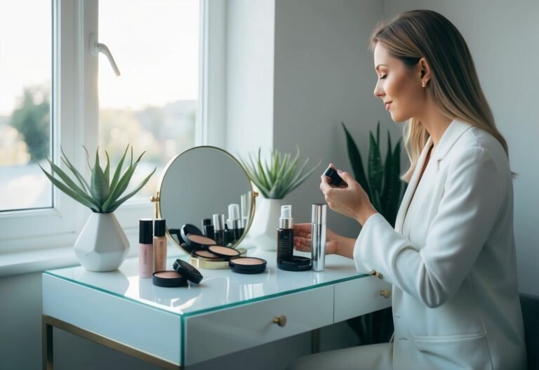 Woman in white blazer applying makeup at a vanity table