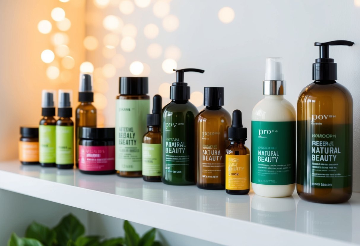 A collection of natural beauty products arranged on a clean, well-lit shelf with labels indicating expiration dates and a variety of fresh ingredients