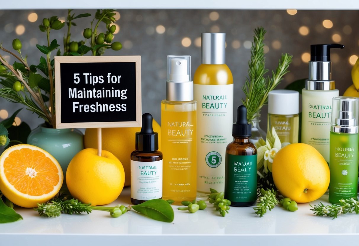 A shelf with various natural beauty products, surrounded by fresh botanicals and fruits. A sign reads "5 Tips for Maintaining Freshness."