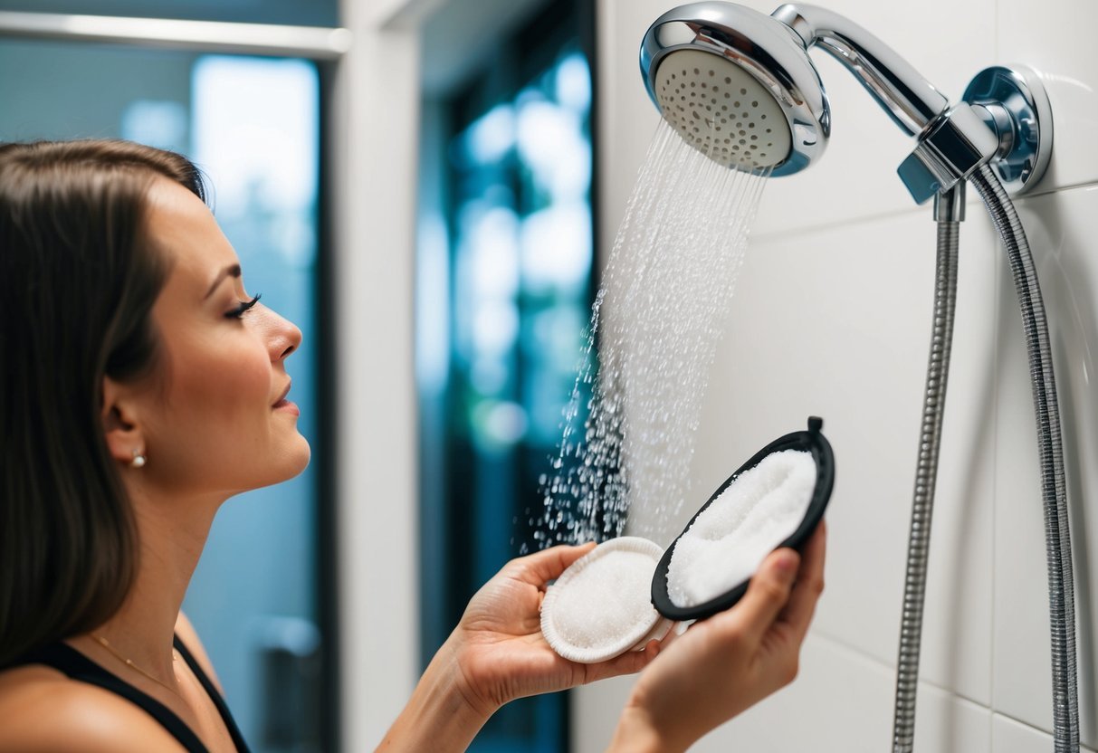 A woman uses a small amount of water to rinse a reusable makeup remover pad, while a water-saving showerhead is installed in the bathroom