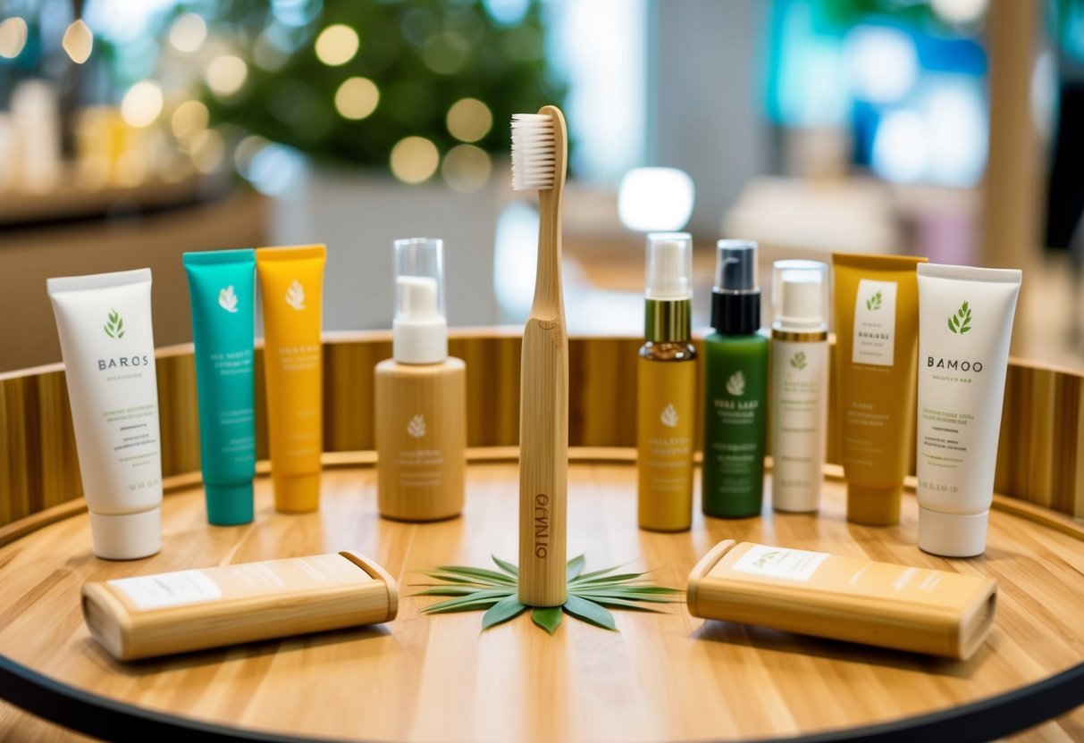 A bamboo toothbrush surrounded by eco-friendly beauty products on a sustainable shopping display