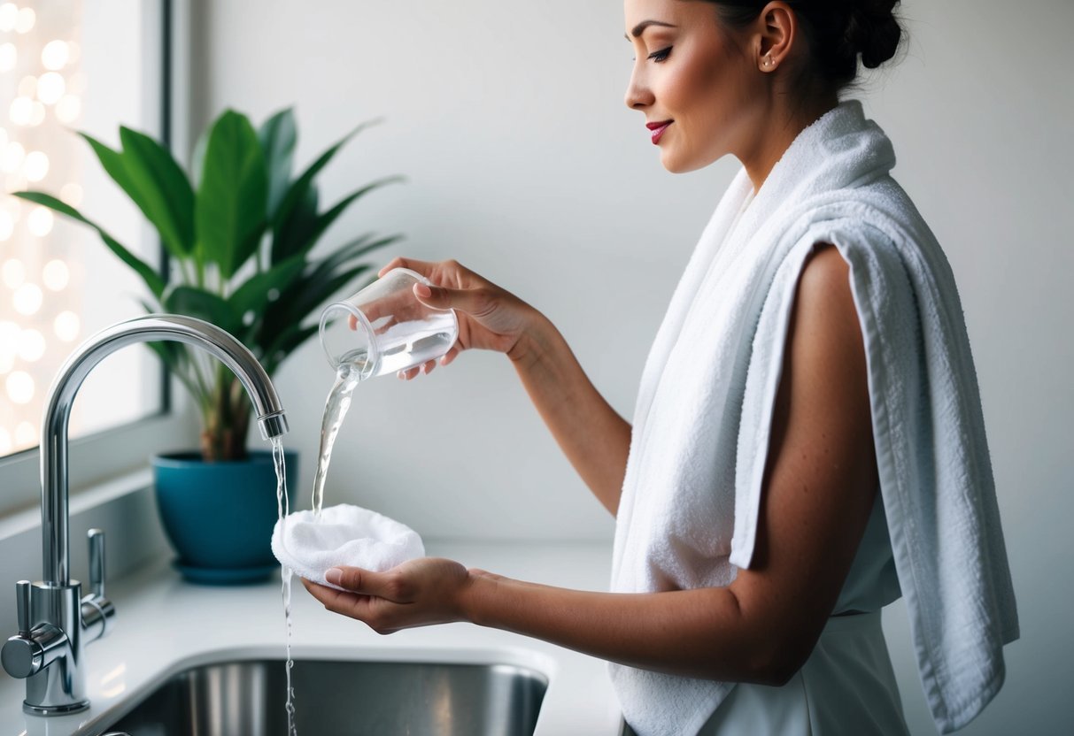 A woman standing at a sink, pouring micellar water onto a reusable cotton pad, with a towel draped over her shoulder and a potted plant in the background