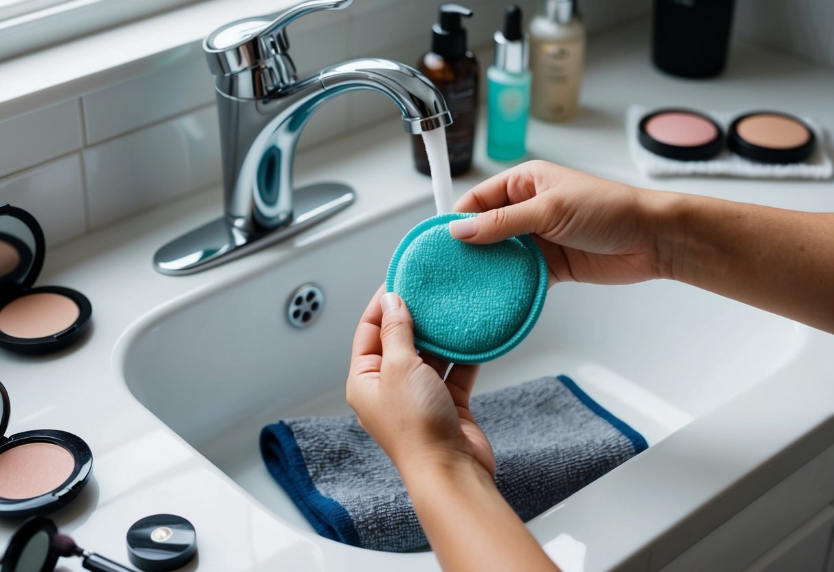 A hand holding a reusable makeup remover pad over a sink with a faucet running, surrounded by various beauty products and a towel