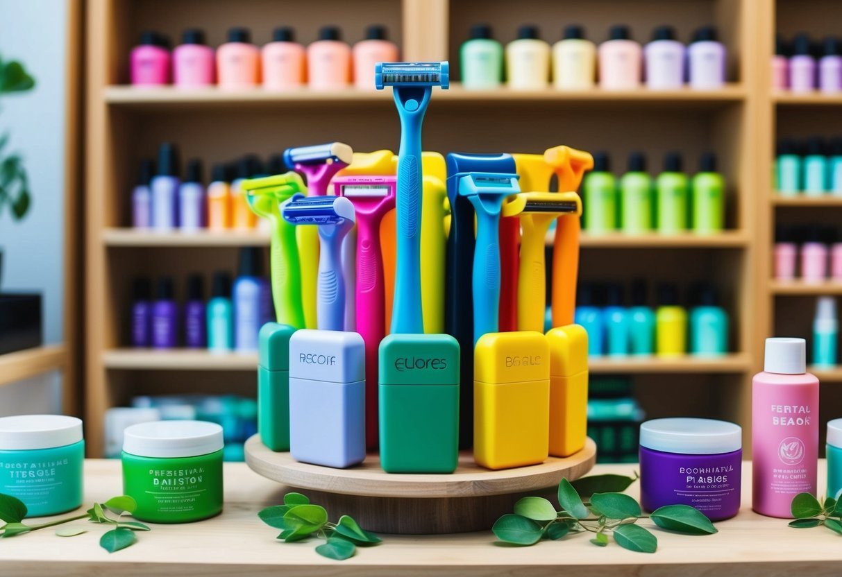 A colorful display of recycled plastic razors surrounded by eco-friendly beauty products in a sustainable beauty store