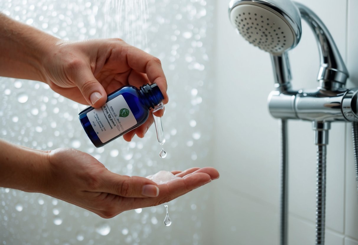 A hand pouring a small amount of leave-in conditioner onto a palm, with water droplets in the background and a water-saving showerhead