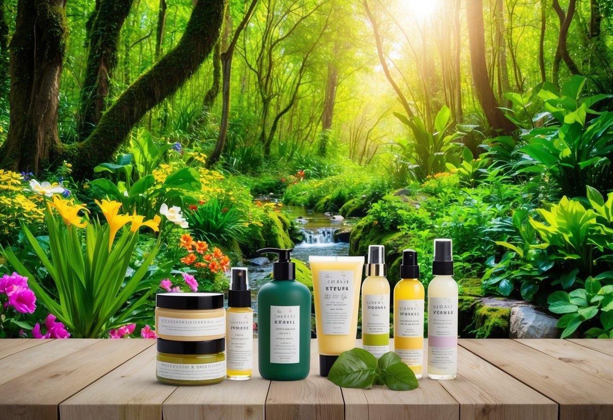 A lush green forest with vibrant flowers and plants, a clear stream running through, and a variety of sustainable beauty products displayed on a wooden table