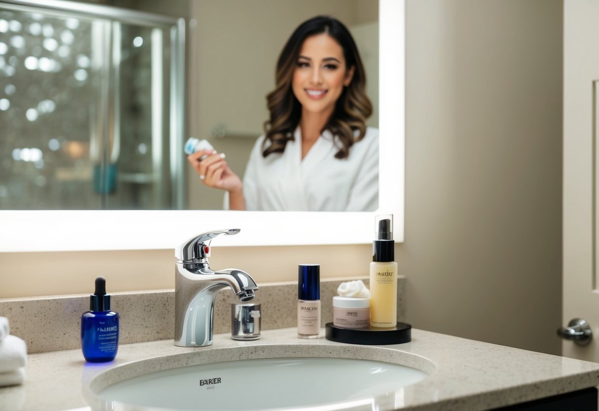 A woman's bathroom countertop with beauty products and a water-saving device such as a low-flow faucet or a water-saving showerhead