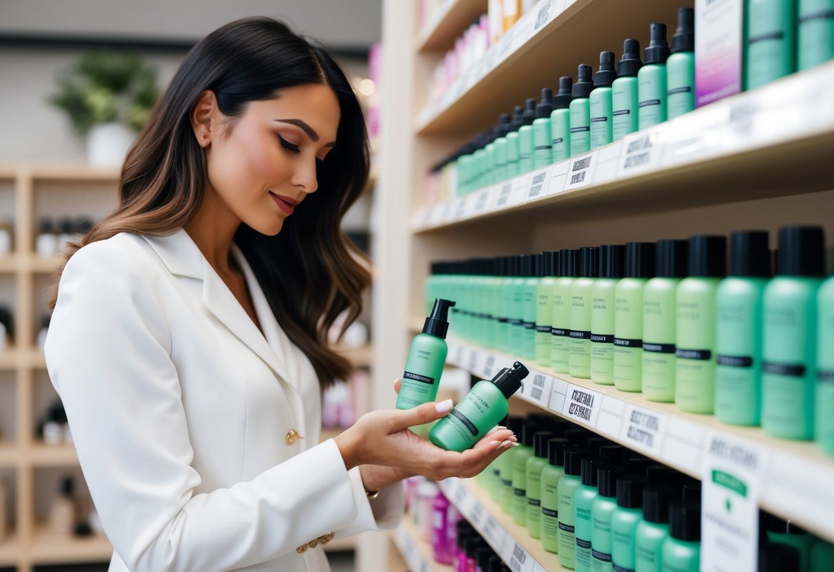 A woman carefully selects eco-friendly beauty products from shelves with labeled sustainability certifications