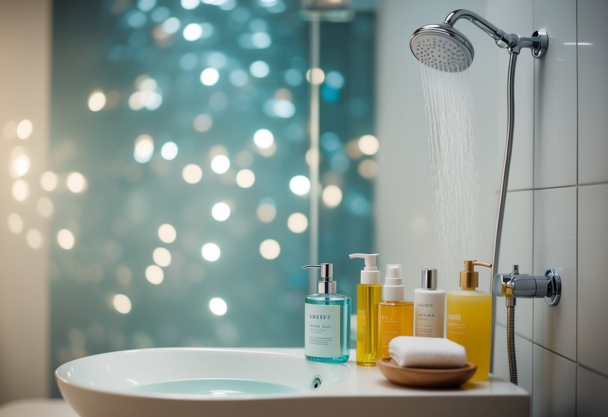A serene bathroom with a variety of beauty products, a water-saving showerhead, and a basin filled with water for washing
