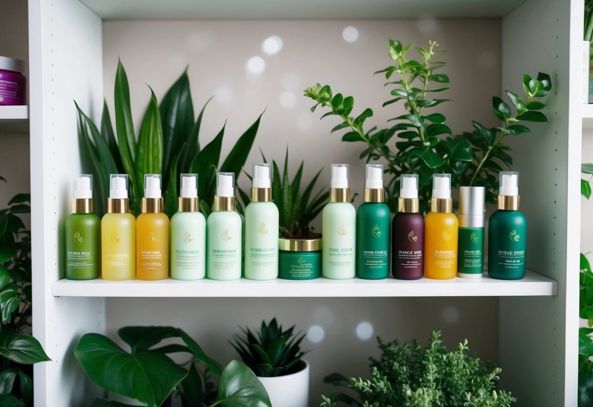 A colorful array of eco-friendly beauty products displayed on a shelf, surrounded by green plants and natural elements