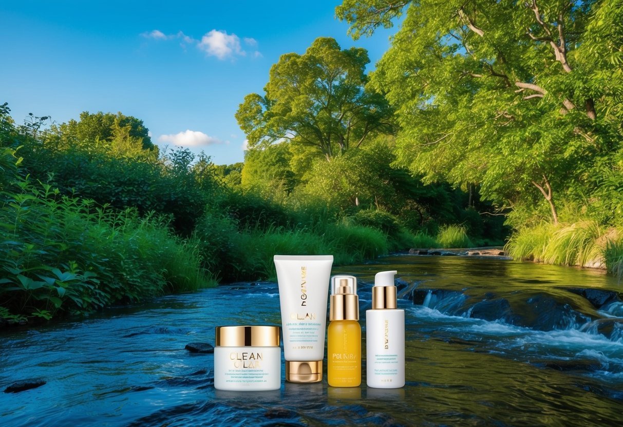 A serene, natural setting with a clear blue sky, lush greenery, and a flowing stream, showcasing clean beauty products in the foreground
