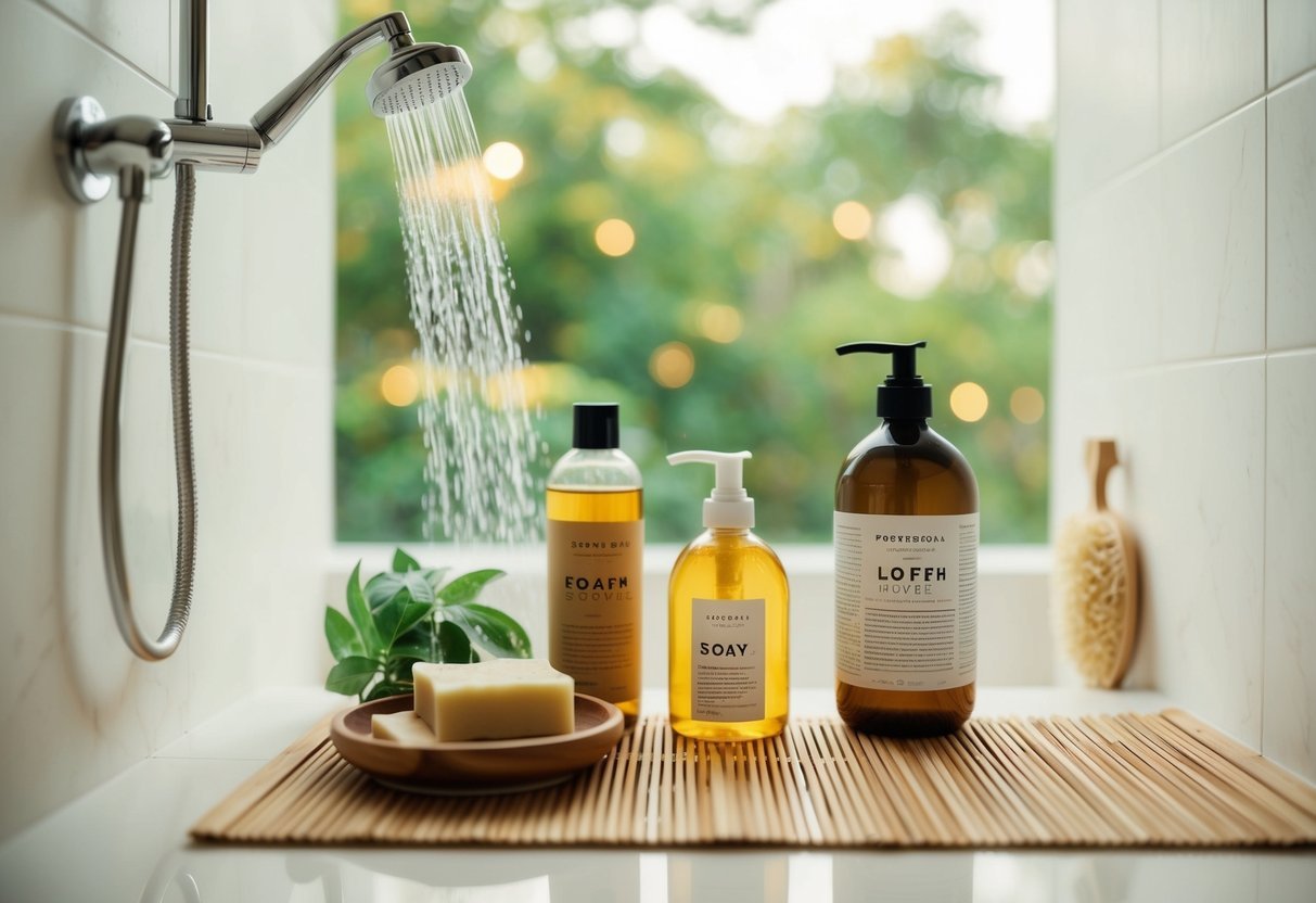 A shower scene with eco-friendly products like reusable bottles, natural soaps, and a low-flow showerhead.</p><p>A plant-based loofah and a bamboo bath mat complete the sustainable setup