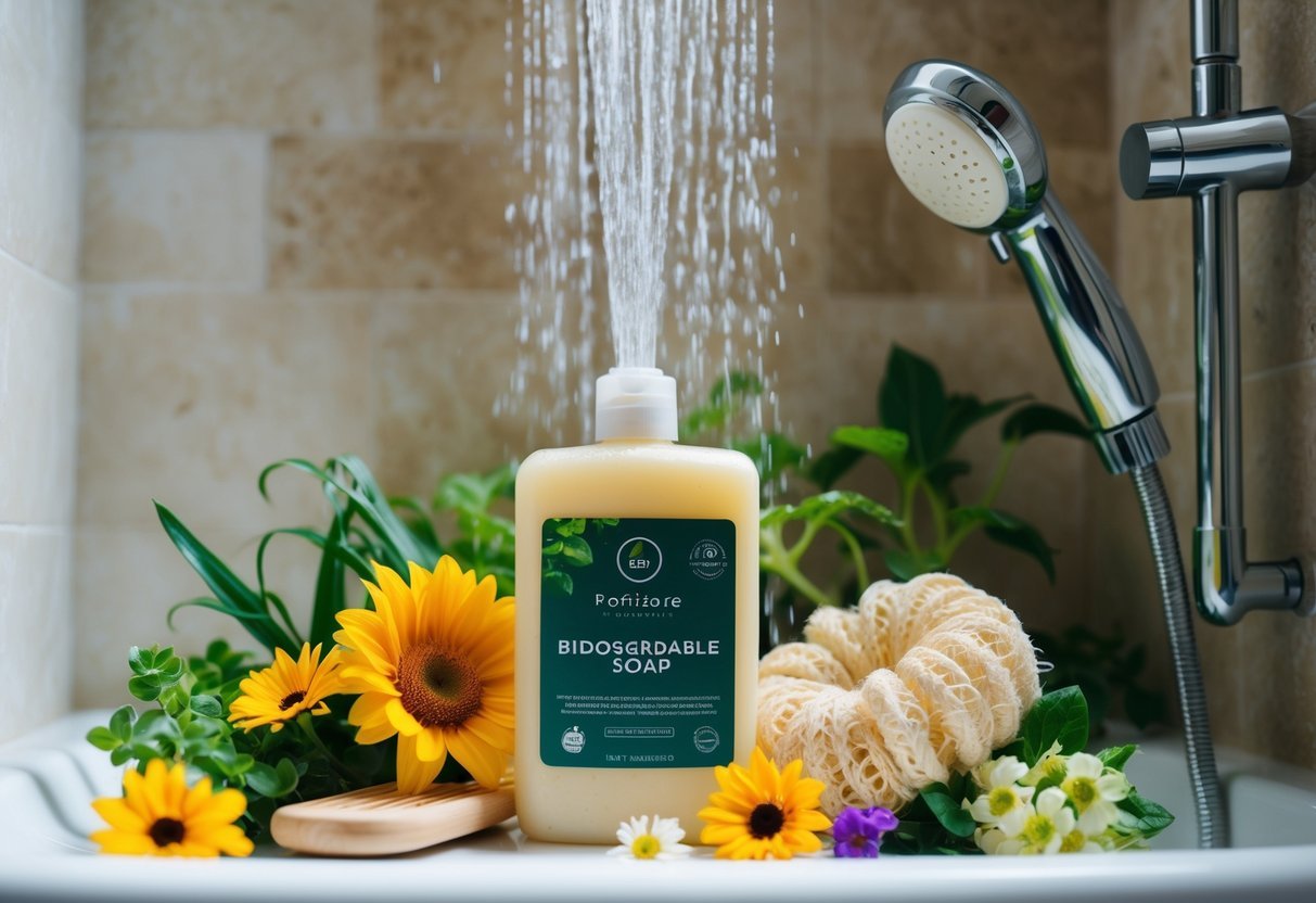 A shower scene featuring a biodegradable soap surrounded by natural elements like plants and flowers, with a reusable loofah and a water-saving showerhead