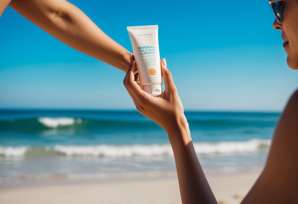 A serene beach scene with a clear blue sky, gentle waves, and a person applying mineral-based sunscreen to their skin