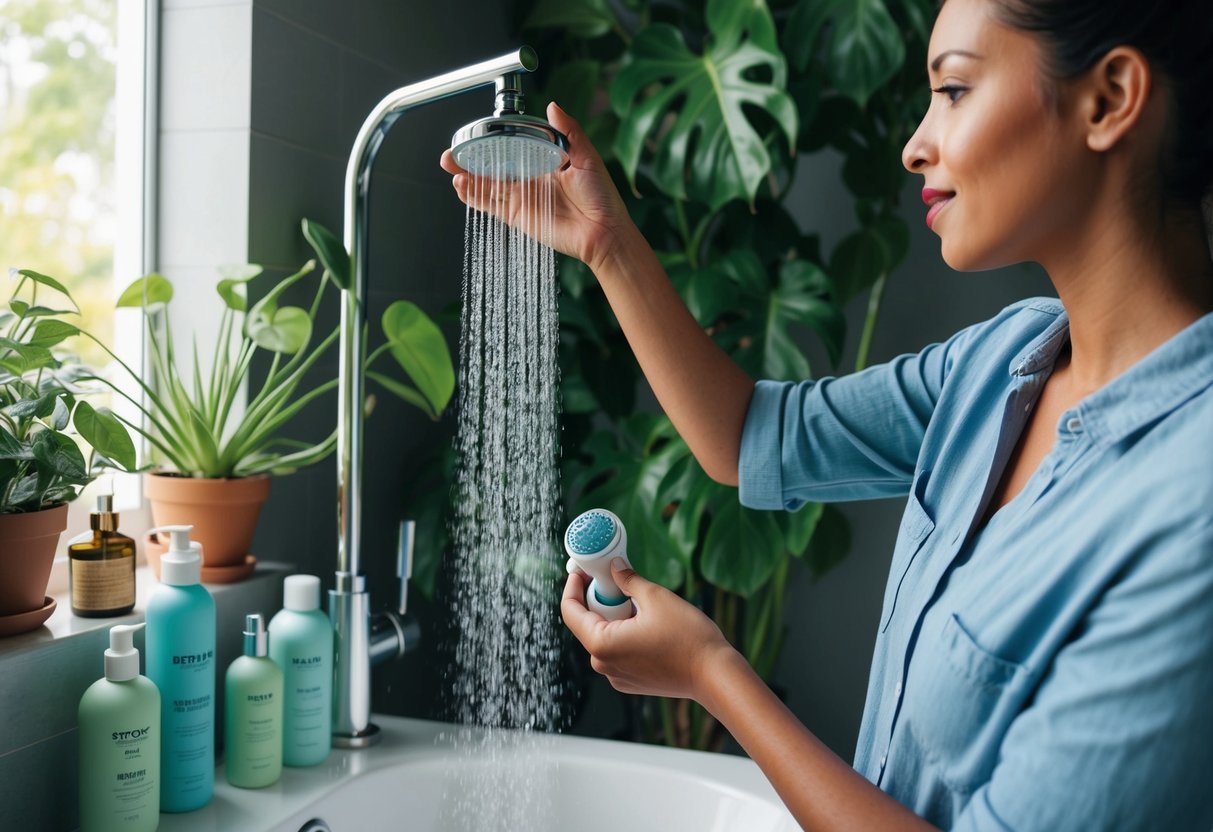 A person installing a water-saving showerhead in a bathroom, surrounded by plants and eco-friendly beauty products