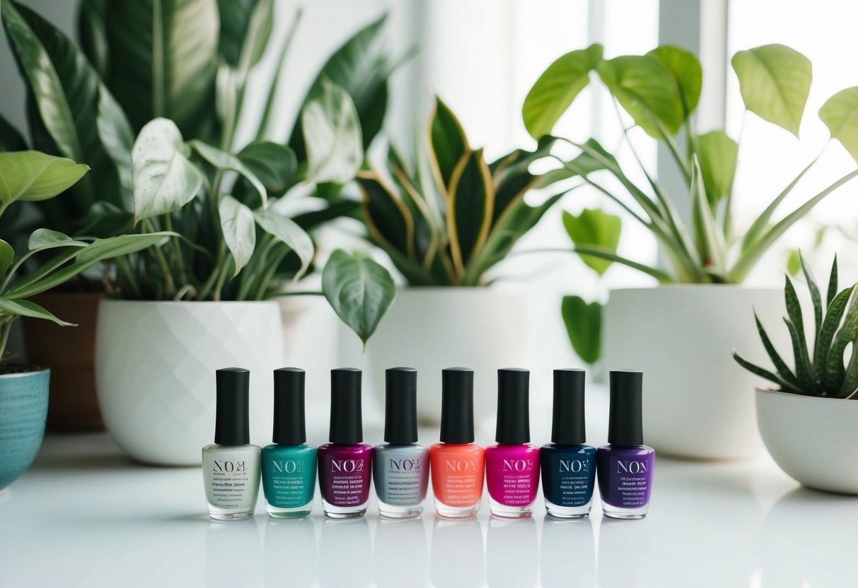 A table with various non-toxic nail polish options, surrounded by plants and natural light, with a serene and clean aesthetic