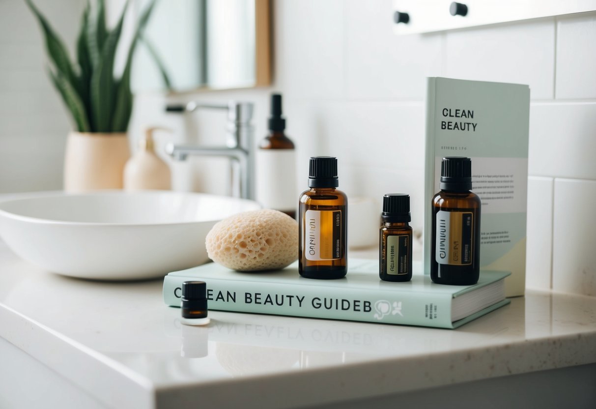 A serene, minimalist bathroom counter adorned with bottles of essential oils, a natural sponge, and a clean beauty guidebook