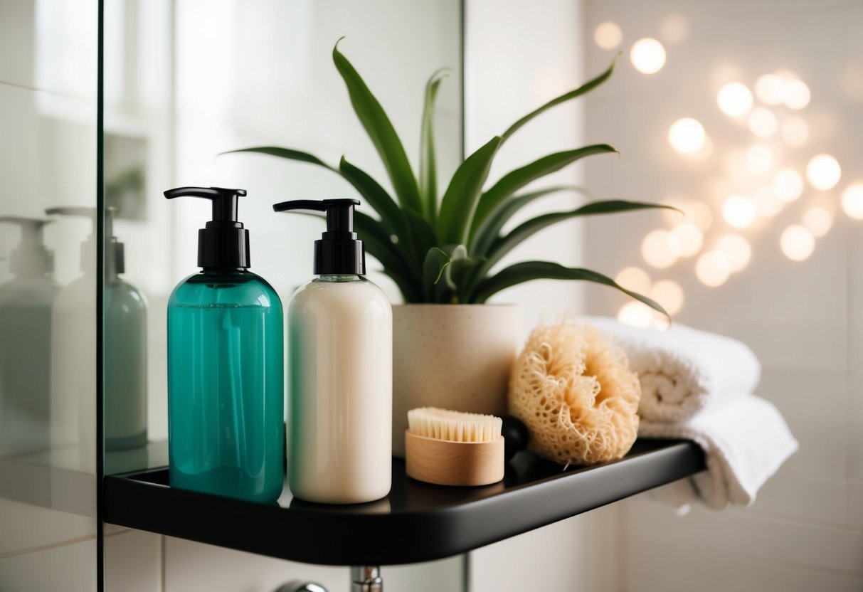 A shower shelf with refillable shampoo bottles, a plant, a loofah, and a towel