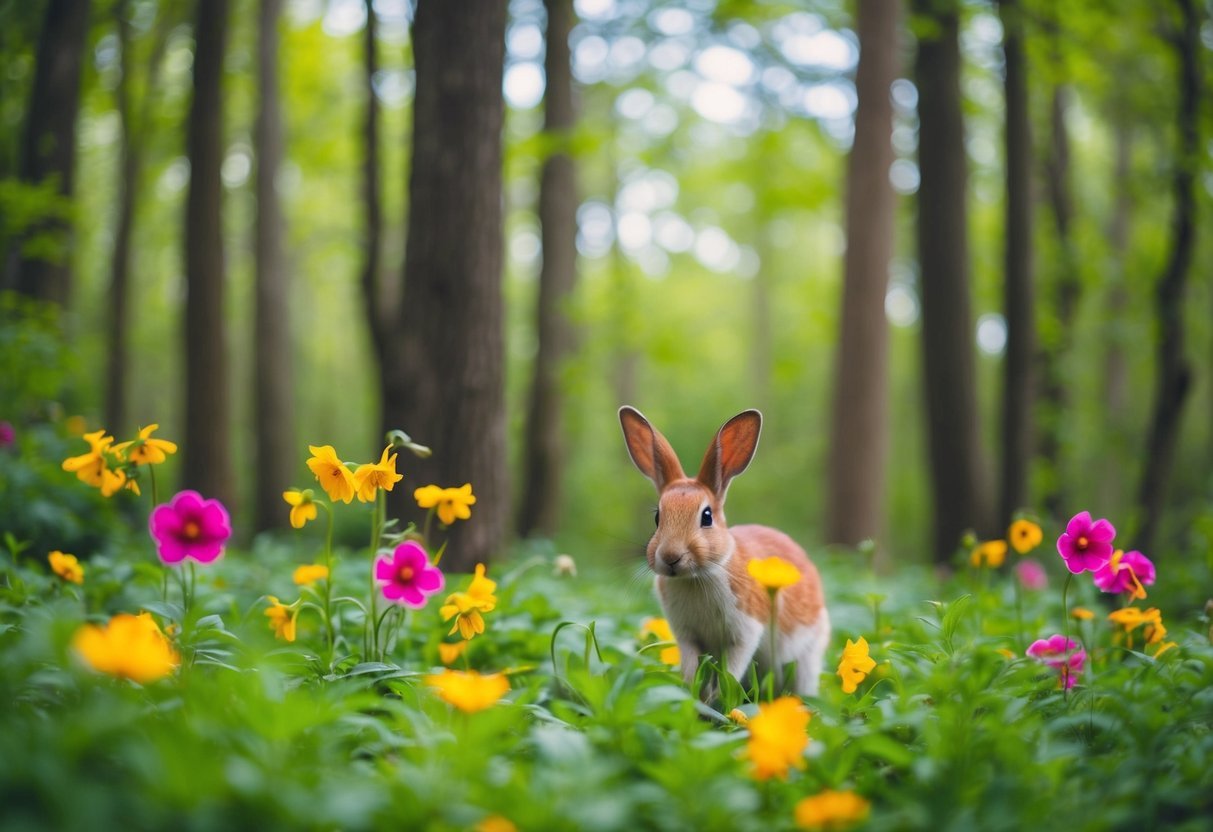 A serene forest with vibrant flowers and animals, surrounded by untouched beauty