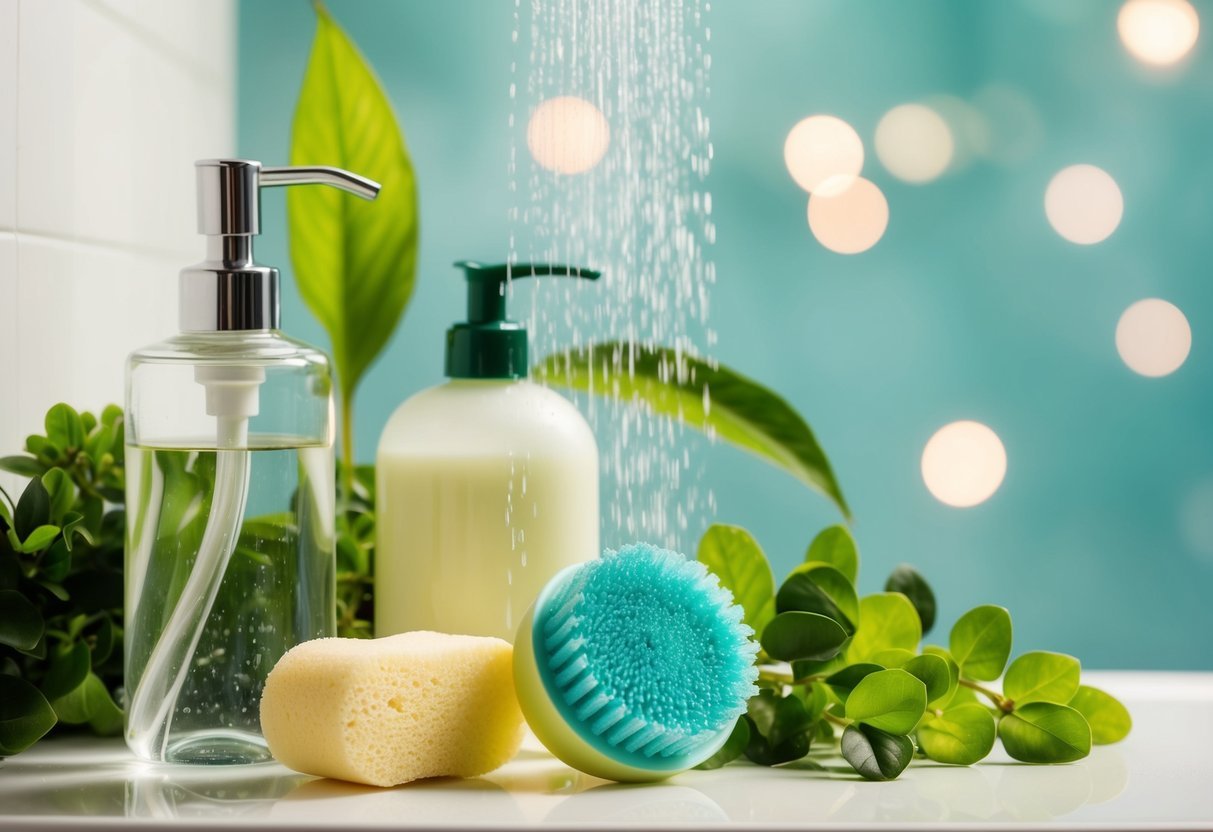 A serene shower scene with eco-friendly products, a reusable shower sponge, a water-saving showerhead, and lush greenery