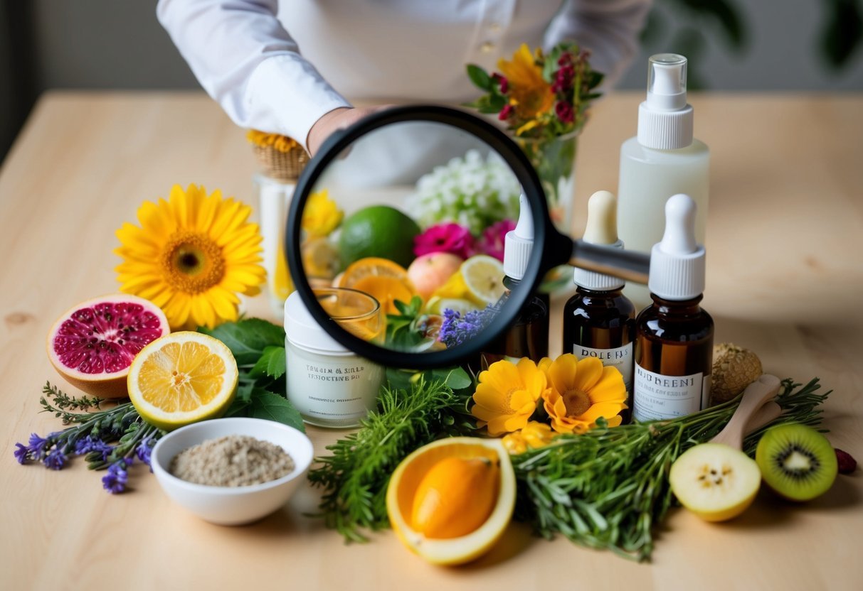 A table with various natural ingredients like fruits, flowers, and herbs, alongside beauty products. A magnifying glass hovers over the ingredients, highlighting their purity