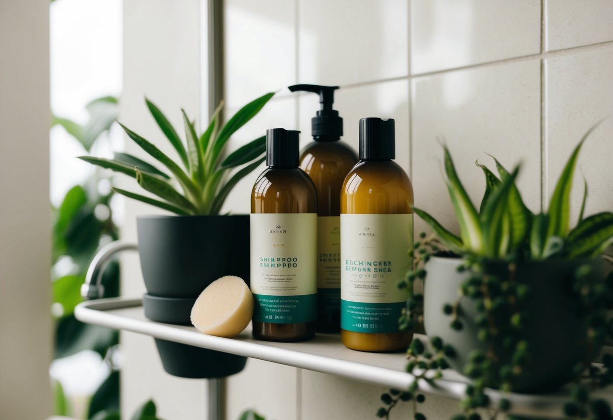 A shower shelf with eco-friendly shampoo and conditioner bottles, surrounded by plants and a reusable shower sponge