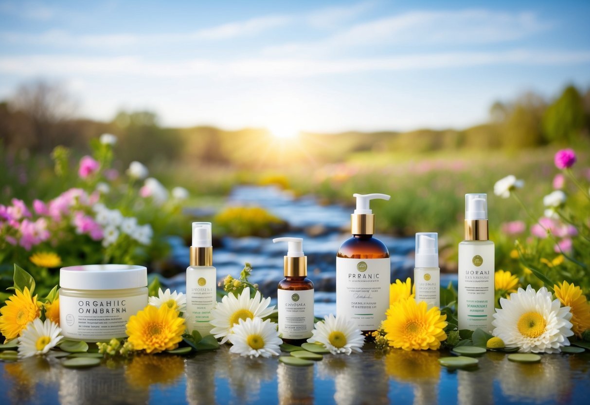 A serene, natural landscape with blooming flowers, clear skies, and flowing water, surrounded by organic skincare and beauty products