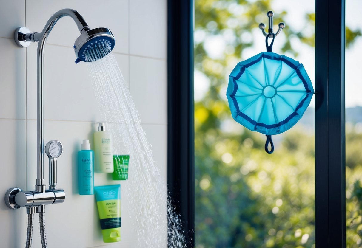 A shower head with a water-saving feature, a timer to limit shower time, a collection of eco-friendly beauty products, a low-flow faucet, and a reusable shower cap hanging on a hook