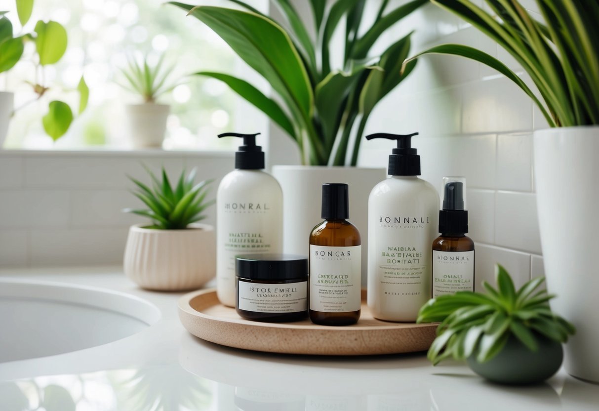 A serene bathroom countertop with natural skincare products neatly arranged, surrounded by green plants and soft natural lighting