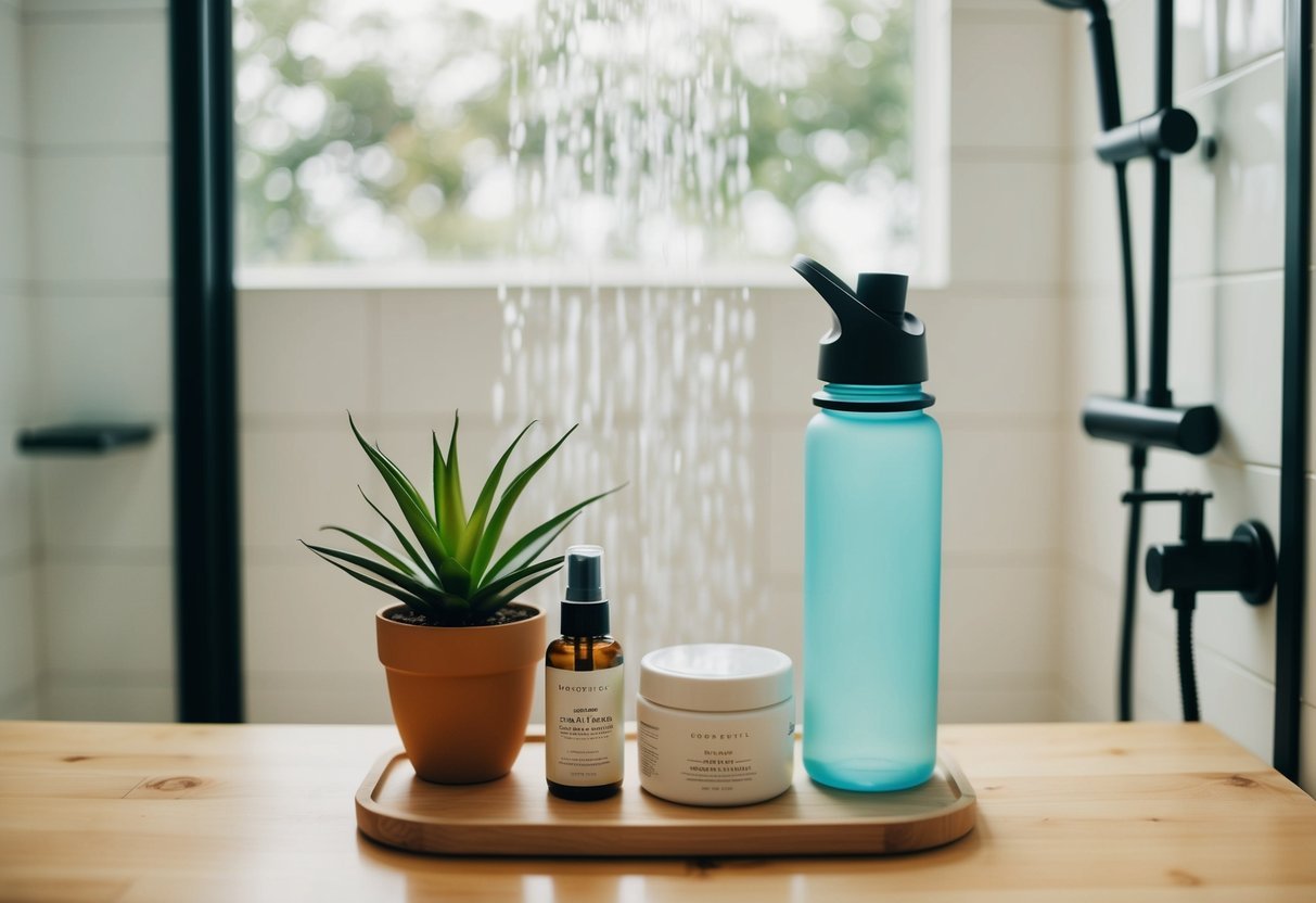 A serene shower scene with eco-friendly products, a plant, and a reusable water bottle