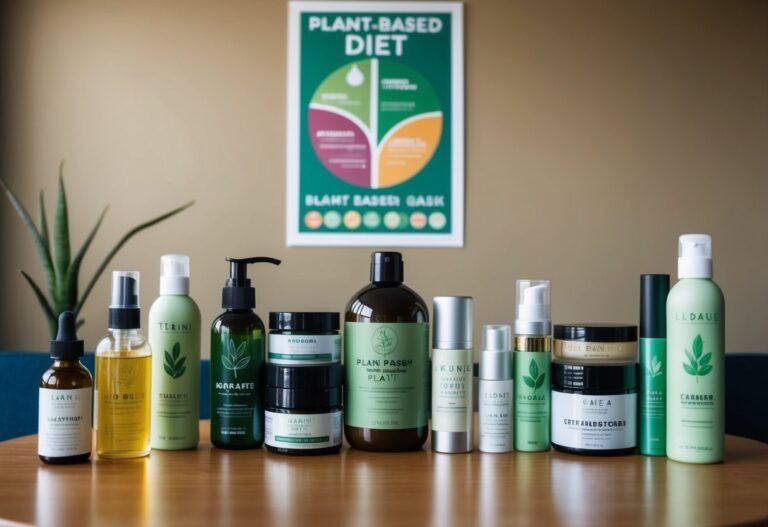 Plant-based skincare products arranged on a table with a "Plant-Based Diet" poster