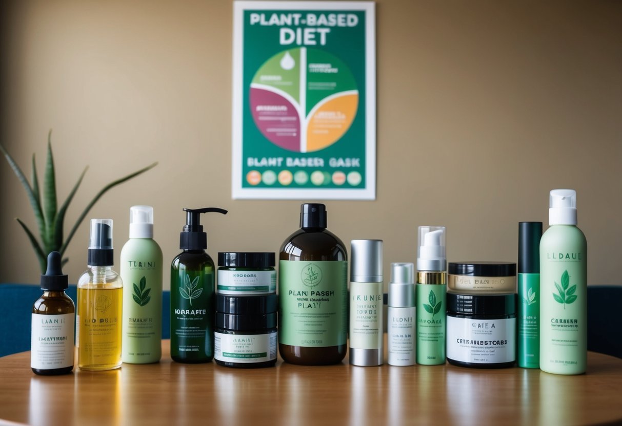 A table with various plant-based beauty products: cleanser, moisturizer, makeup, and skincare items.</p><p>A plant-based diet poster on the wall