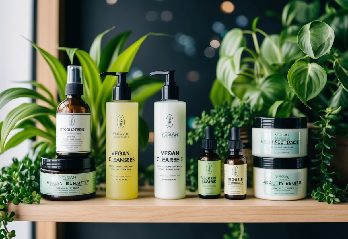 A shelf with various vegan cleansers and beauty products, surrounded by green plants and natural elements