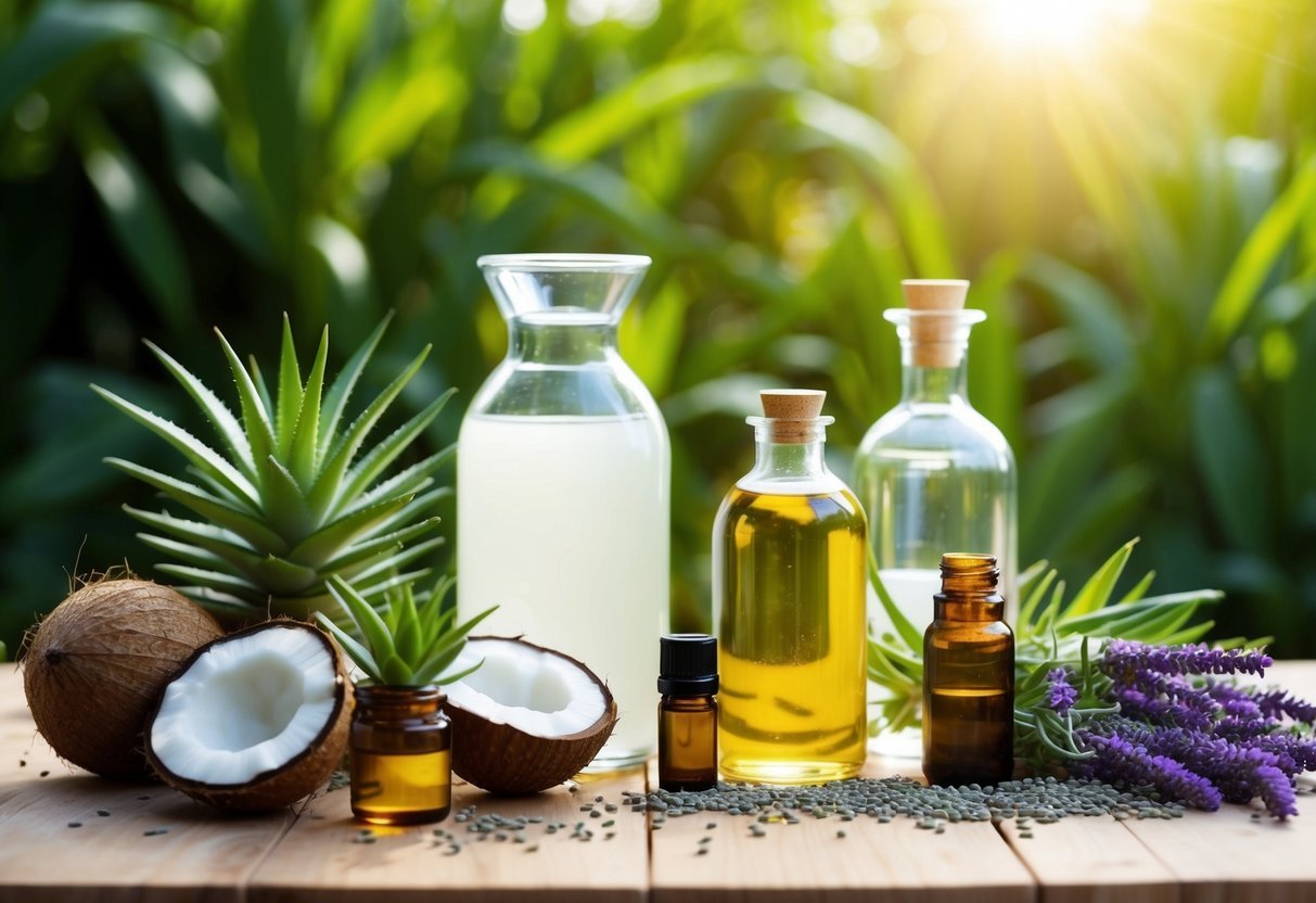 A table with natural ingredients like aloe, coconut oil, and lavender, alongside glass jars and bottles, surrounded by greenery and sunlight