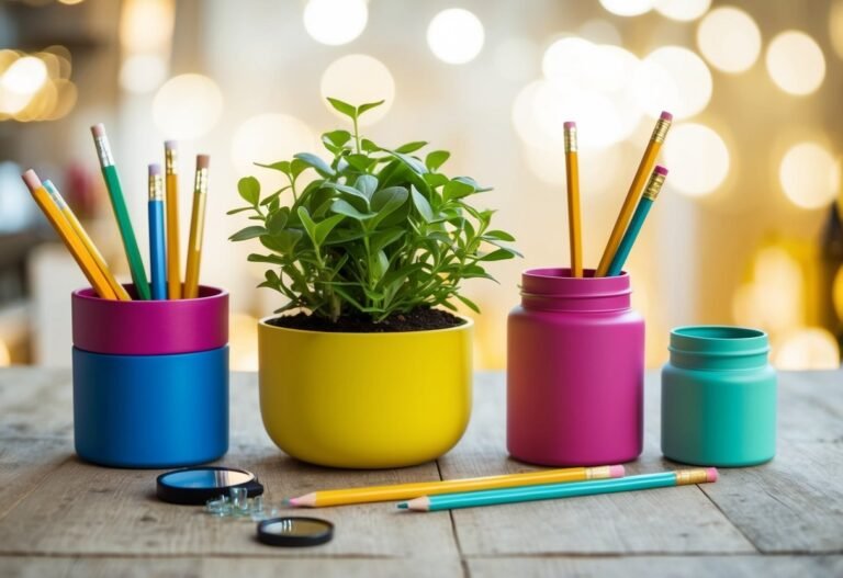 Pencils, a plant, and colorful containers on a wooden table