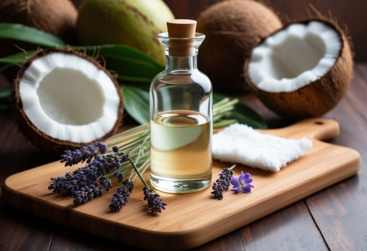 A clear glass bottle filled with coconut oil sits on a wooden countertop, surrounded by fresh coconuts, lavender flowers, and a soft cotton pad