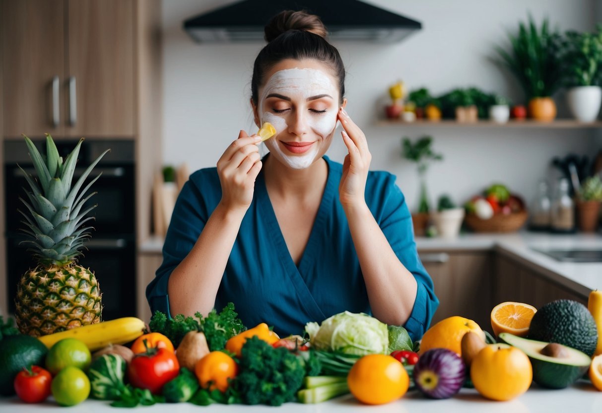 A woman surrounded by a variety of fresh fruits, vegetables, and natural ingredients, mixing and applying them to her face for a homemade vegan beauty routine