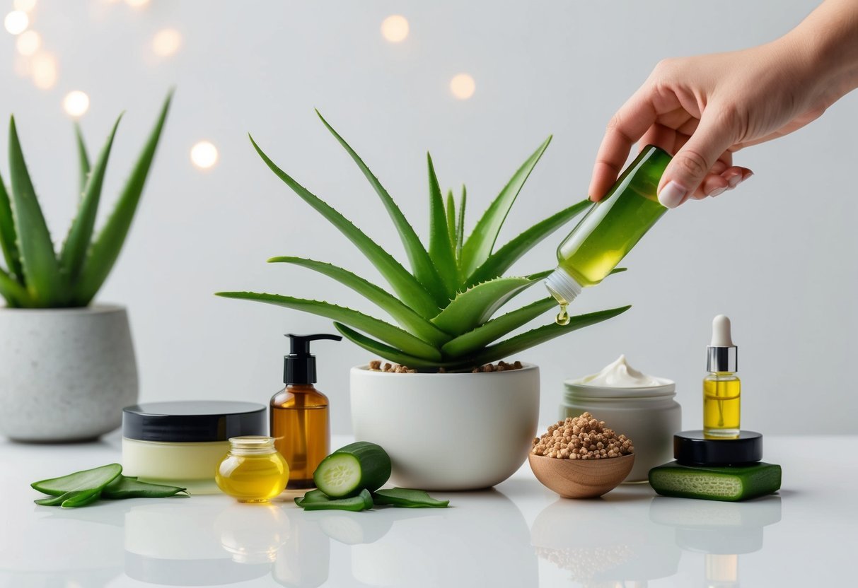 Aloe vera gel being gently applied to a leafy green plant, surrounded by natural skincare ingredients and products on a clean, minimalist background