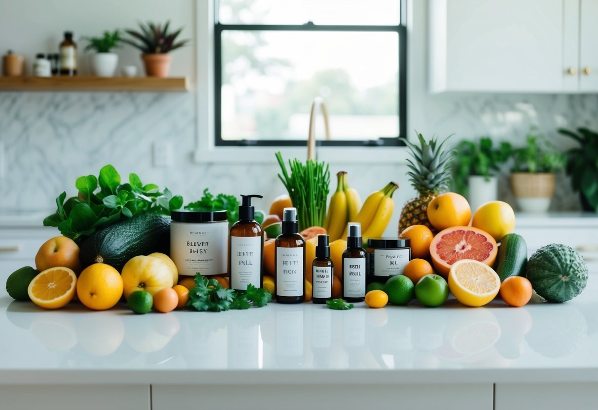 A colorful array of fruits, vegetables, and plant-based beauty products arranged on a clean, white countertop