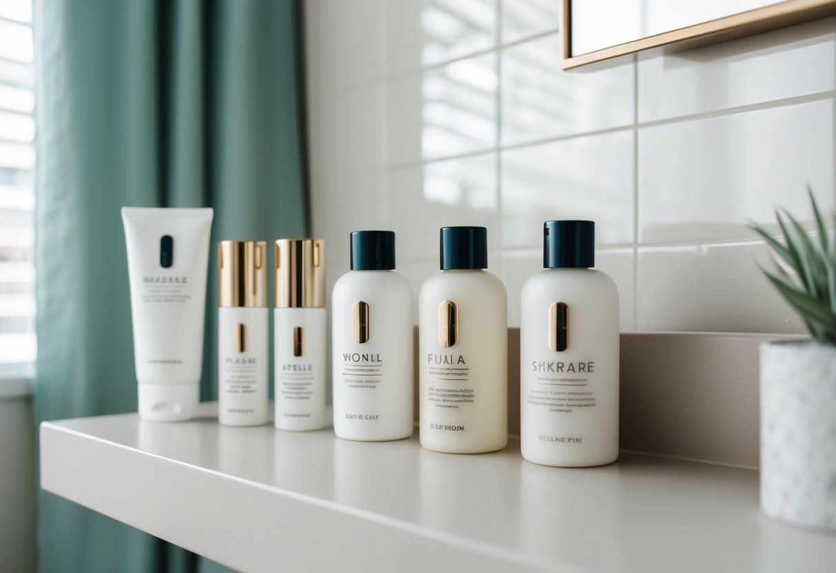 A serene bathroom shelf with only five carefully selected skincare products in clean, minimalist packaging