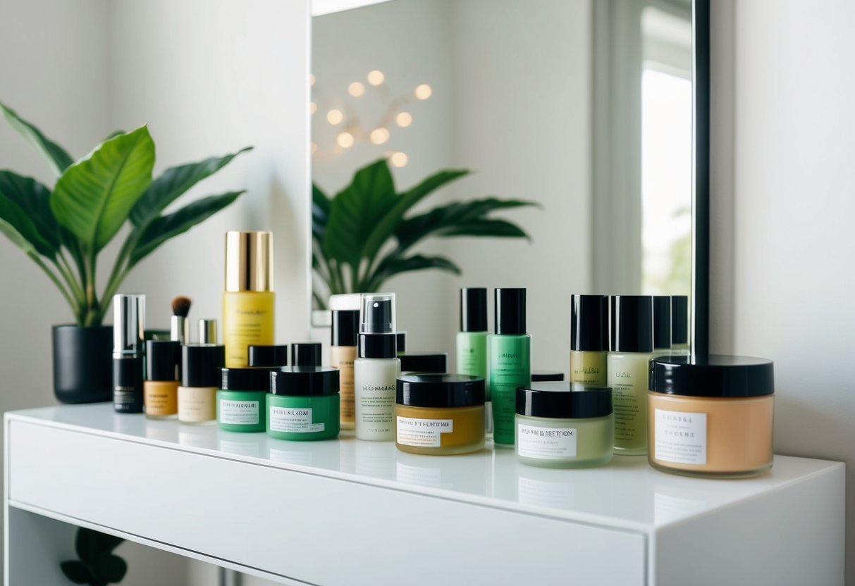 A colorful array of plant-based cosmetics arranged on a clean, minimalist vanity with natural lighting